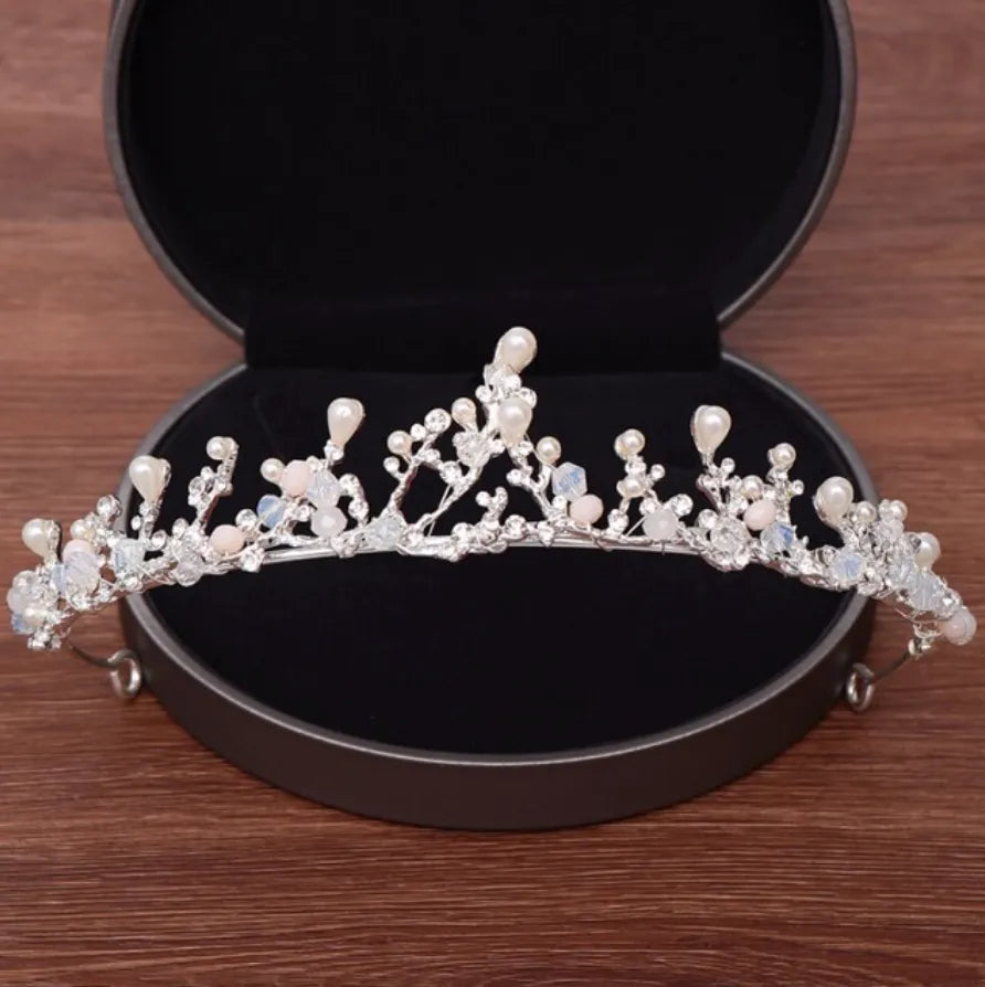 Pearl Wedding Jewelry - Pearl and Cubic Zirconia Bridal 3-Piece Jewelry Set With Tiara - Available in Yellow Gold and Silver