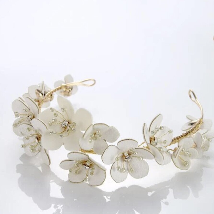 Wedding Hair Accessories - Eco-Leather Flowers Gold Bridal Headband