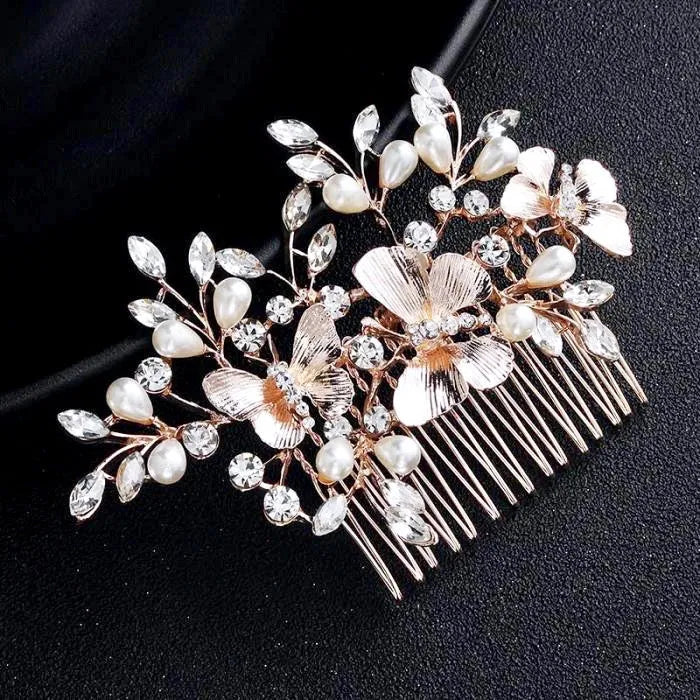 Wedding Hair Accessories - Rose Gold Butterfly Bridal Hair Comb