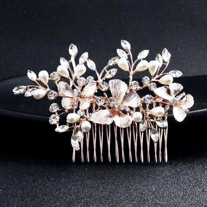 Wedding Hair Accessories - Rose Gold Butterfly Bridal Hair Comb