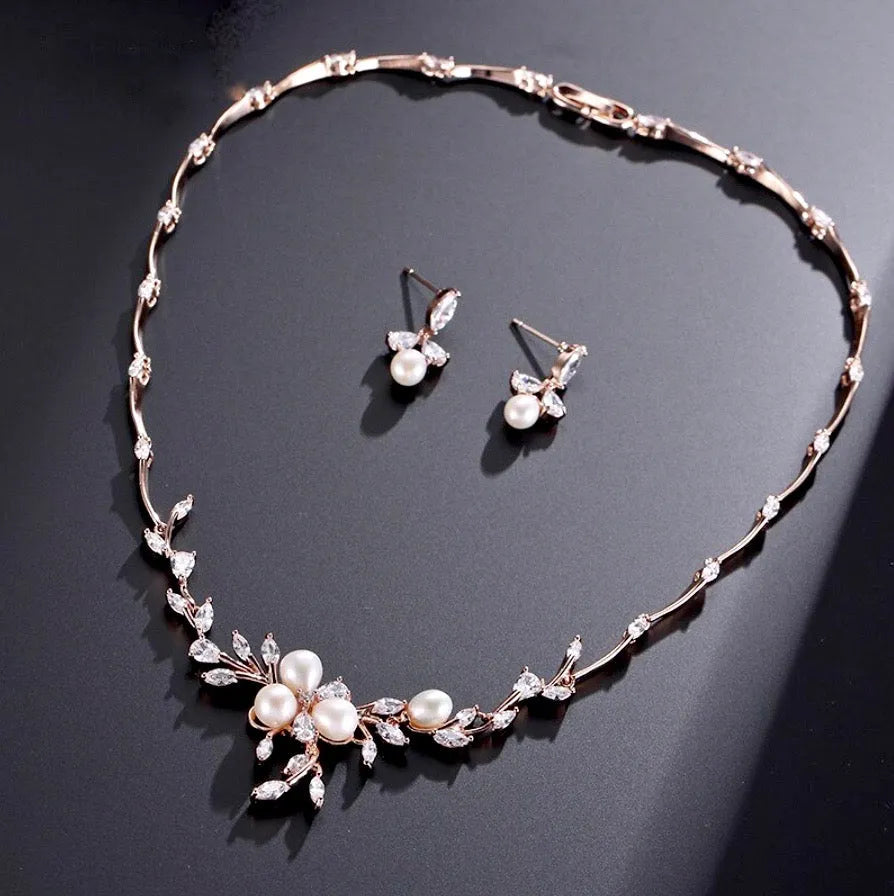 Wedding Jewelry - Freshwater Pearl and Cubic Zirconia Bridal Jewelry Set - Available in Silver, Rose Gold and Yellow Gold