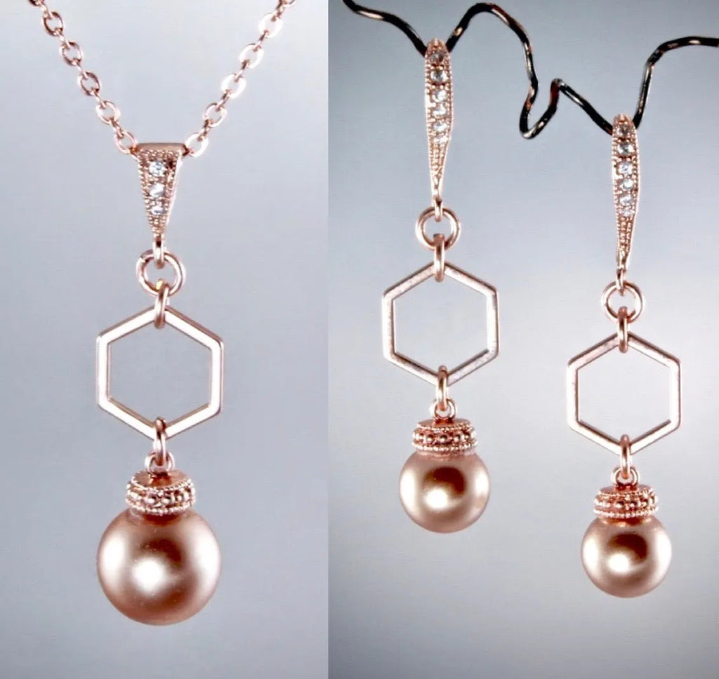 Wedding Jewelry - Swarovski Pearl Rose Gold Geometric Bridal Jewelry Set