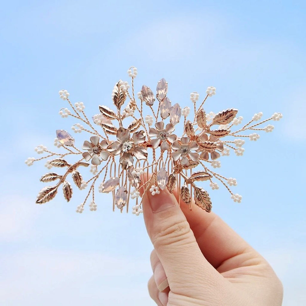 Wedding Hair Accessories - Rose Gold Swarovski Pearl and Opal  Bridal Hair Comb