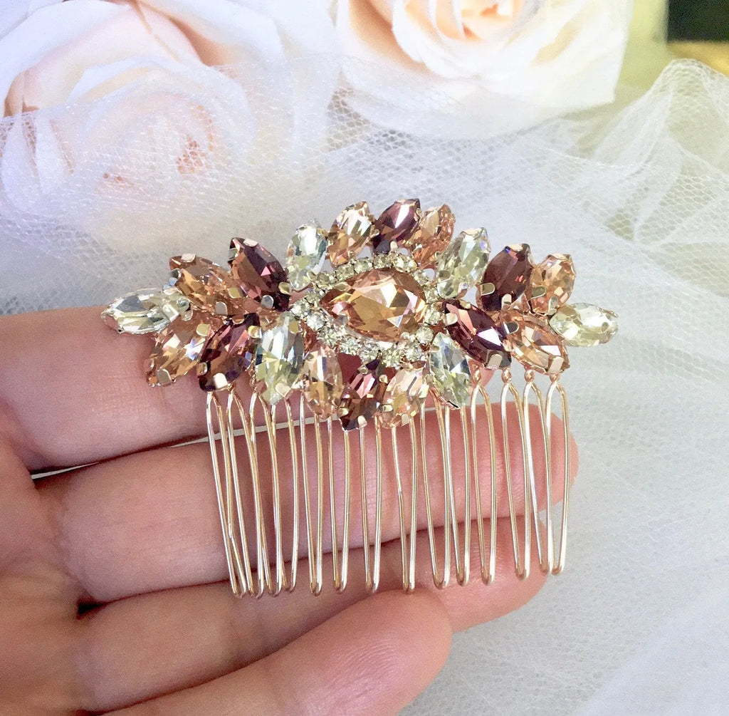 Bridal Party Gifts - Rose Gold Bridal Hair Comb With Matching Earrings