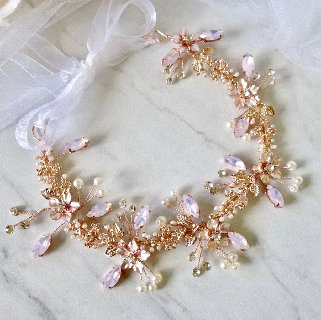 Wedding Hair Accessories - Rose Gold Swarovski Pearl and Crystal Bridal Headband