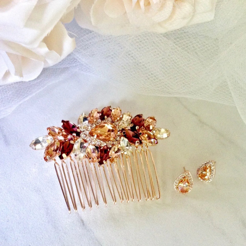 Bridal Party Gifts - Rose Gold Bridal Hair Comb With Matching Earrings