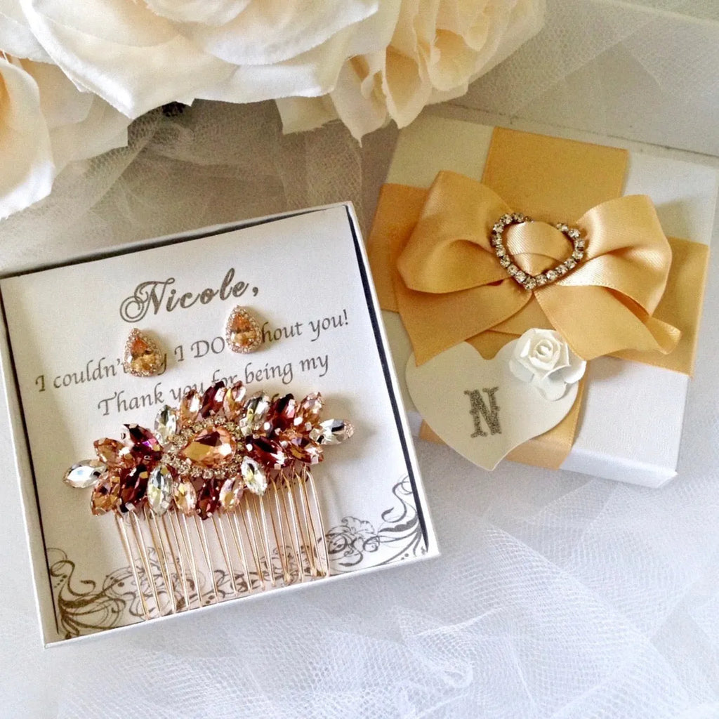 Bridal Party Gifts - Rose Gold Bridal Hair Comb With Matching Earrings