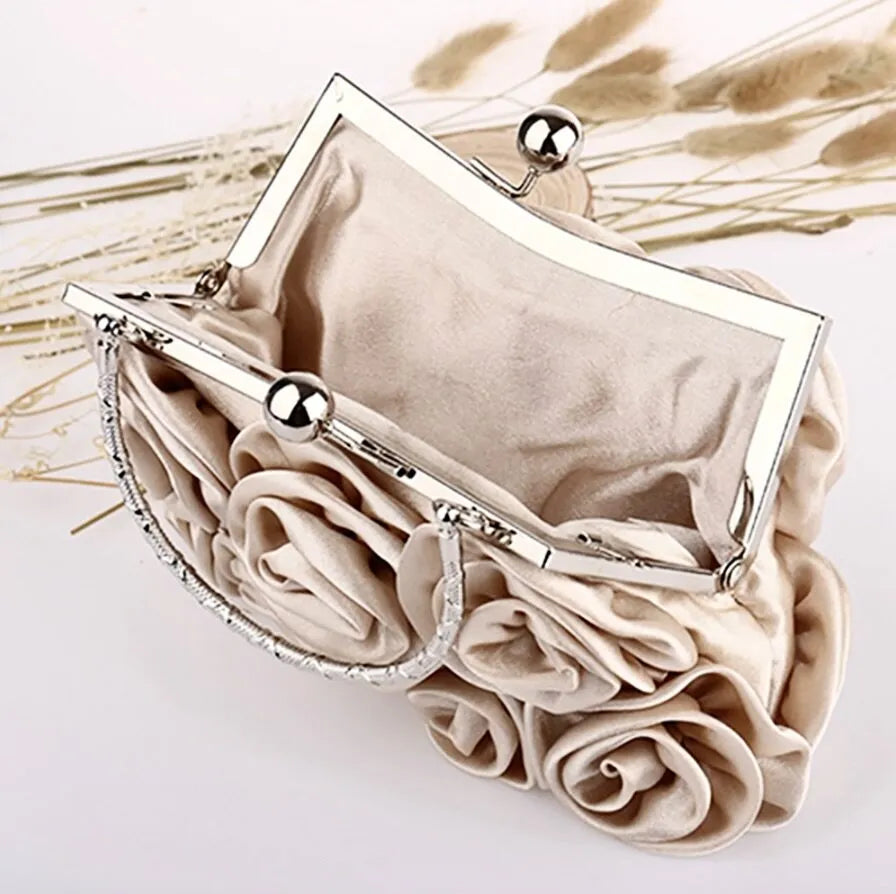 Bridal Accessories - Satin Rose Wedding Handbag Clutch Purse