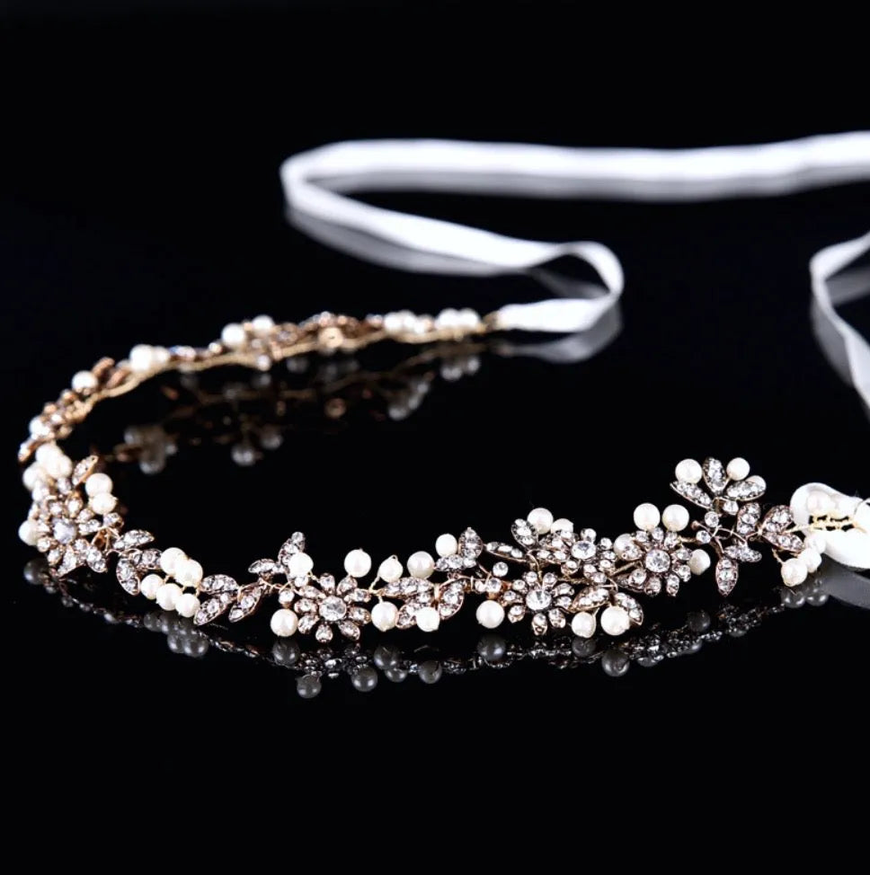 Wedding Hair Accessories - Vintage Gold Pearl and Crystal Bridal Headband