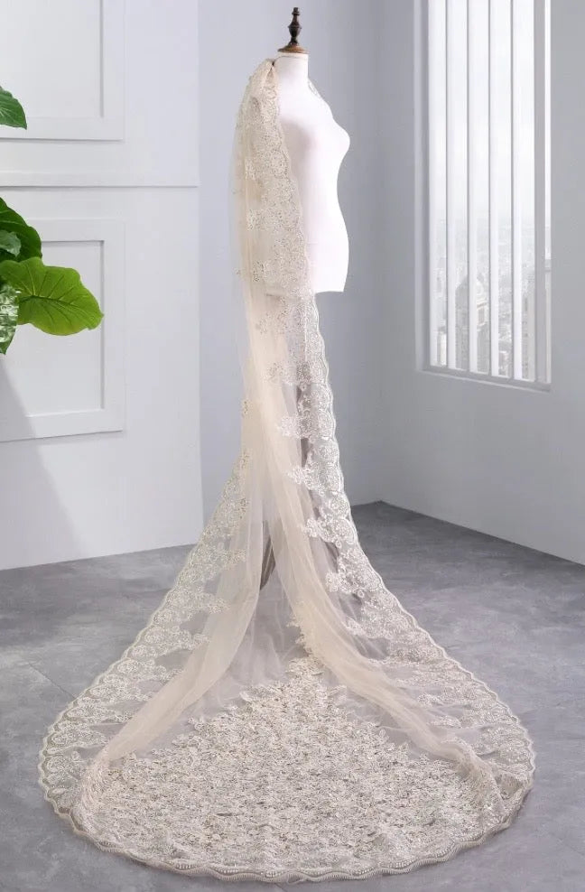 Darya Lace-Edge Cathedral Veil – Champagne, Ivory & White White