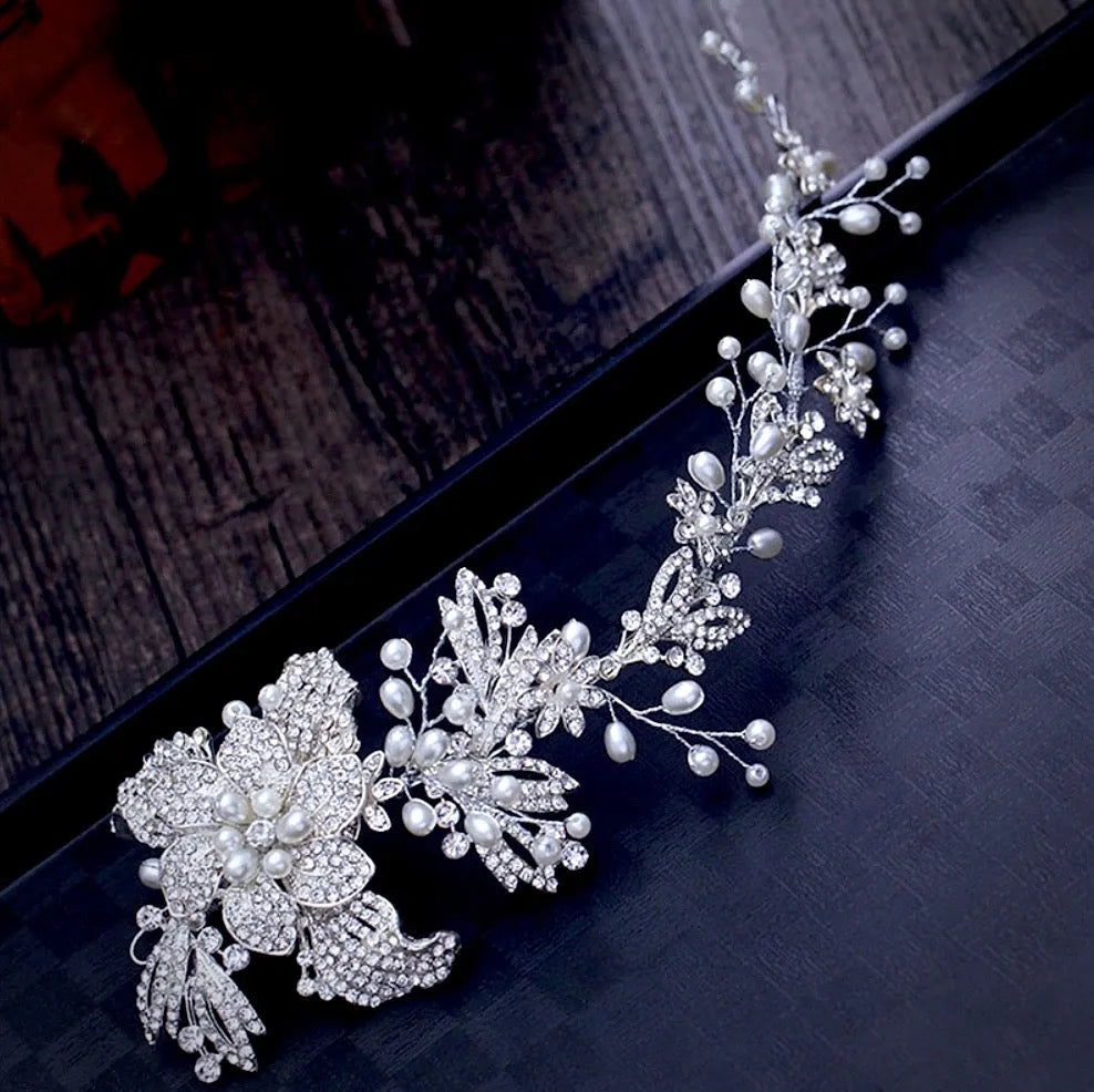 Wedding Hair Accessories - Silver Pearl and Crystal Bridal Headband