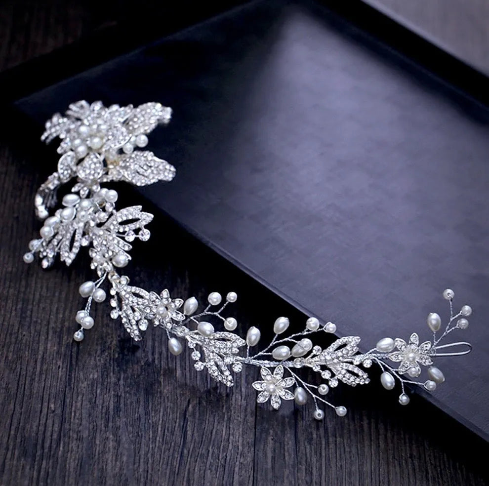 Wedding Hair Accessories - Silver Pearl and Crystal Bridal Headband