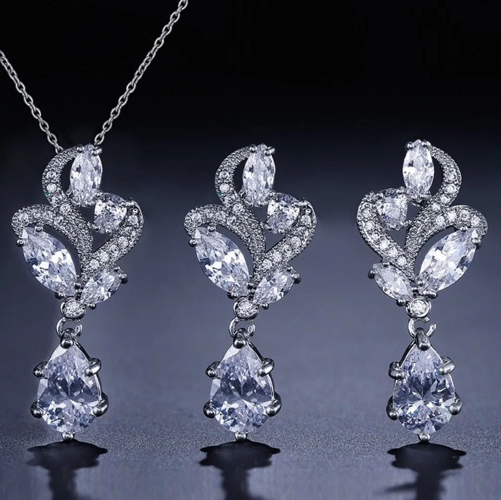 Wedding Jewelry  - Cubic Zirconia Bridal Necklace and Earrings Set - Available in Silver and Rose Gold