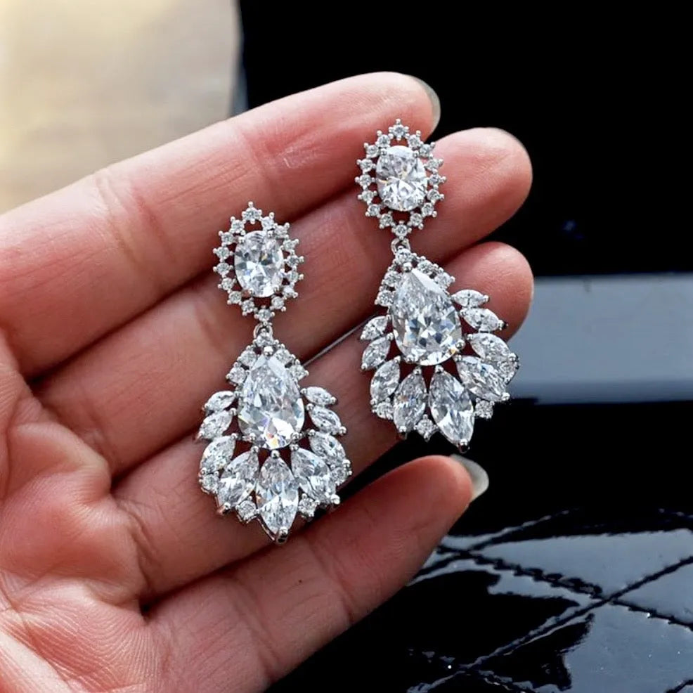 Wedding Jewelry - Silver Cubic Zirconia Bridal Earrings