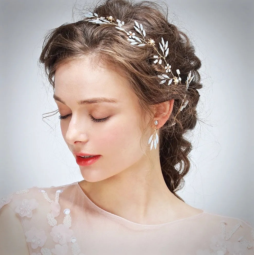Wedding Hair Accessories - Gold Opal Bridal Headband/Hair Vine With Matching Earrings