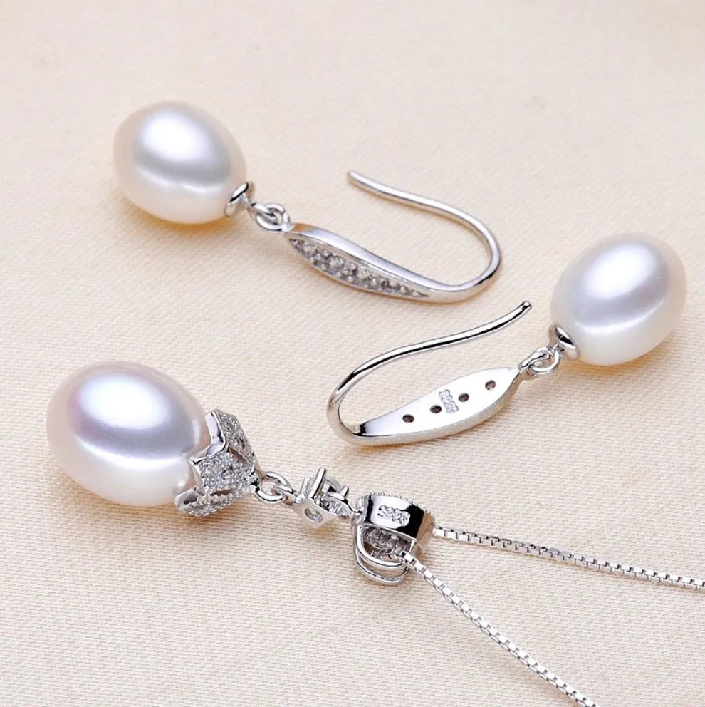 "Deana" - Sterling Silver and Natural Pearl Bridal Jewelry Set - More colors available