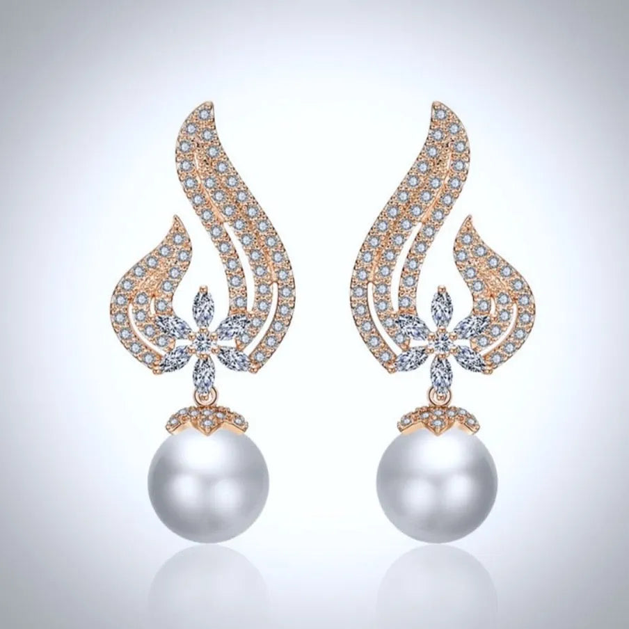 Wedding Jewelry - Pearl and Cubic Zirconia Bridal Earrings - Available in Rose Gold and Silver