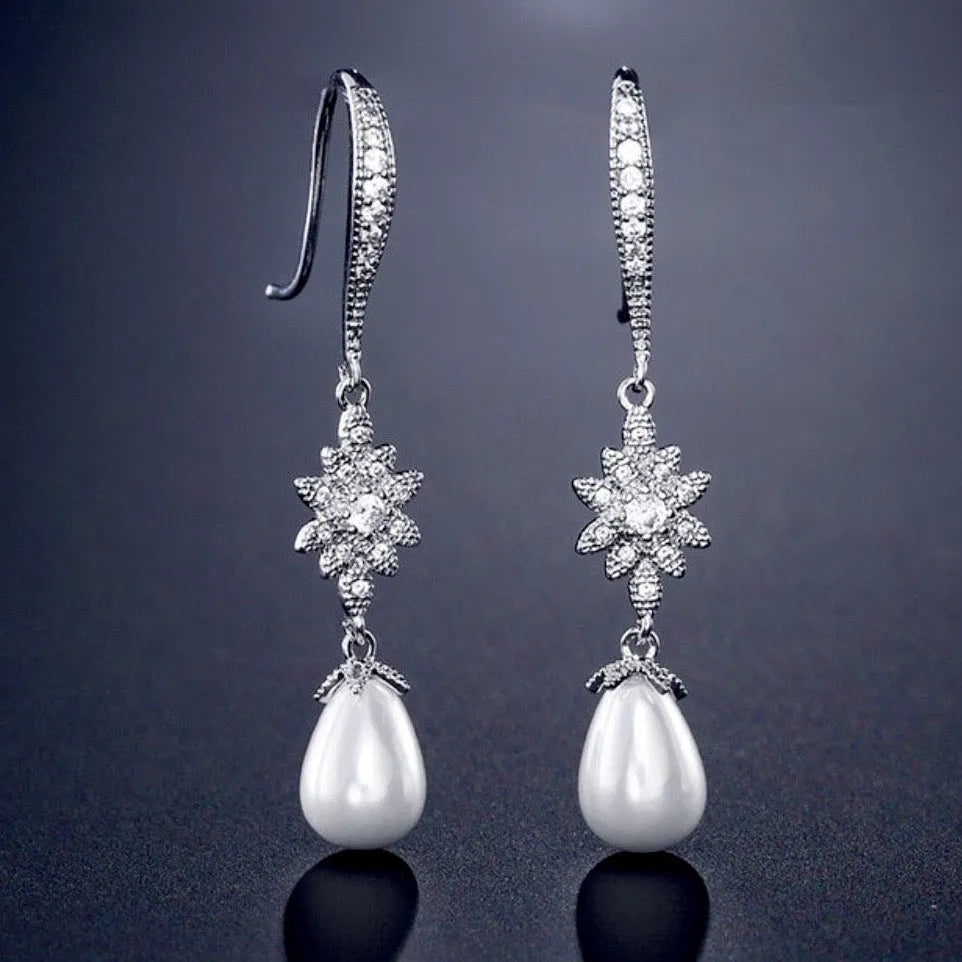 Wedding Jewelry - Pearl and Cubic Zirconia Bridal Earrings