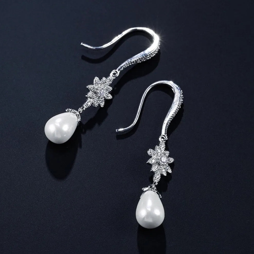 Wedding Jewelry - Pearl and Cubic Zirconia Bridal Earrings