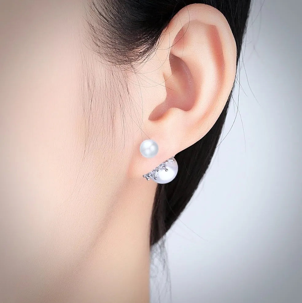 Wedding Jewelry - Double Pearl Bridal Earrings - Available in White and Gray