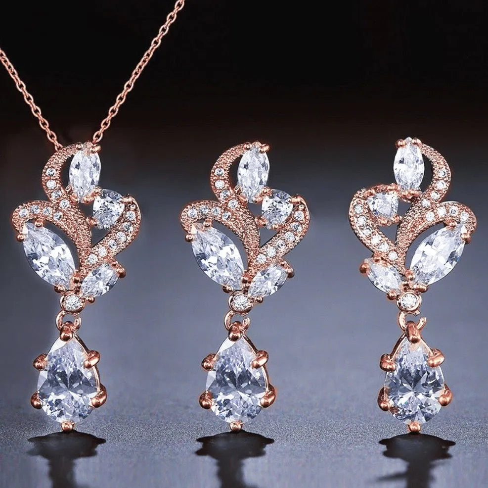 Wedding Jewelry  - Cubic Zirconia Bridal Necklace and Earrings Set - Available in Silver and Rose Gold