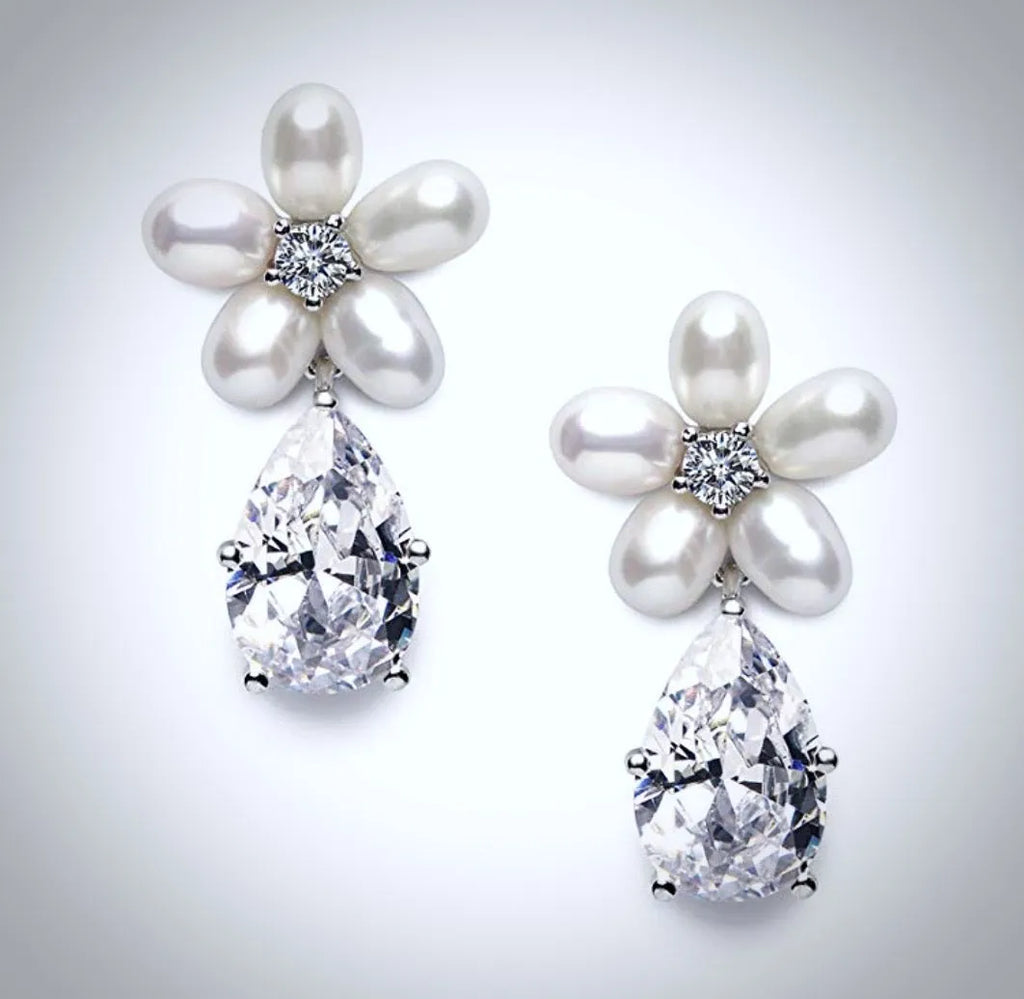 Wedding Jewelry - Pearl and Cubic Zirconia Bridal Necklace and Earrings Set