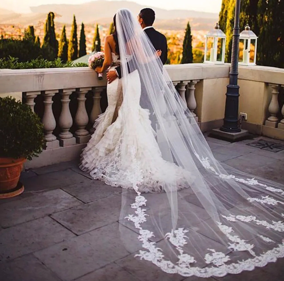 Lace Edge Cathedral Veil – Elegant Lace Trim Bridal Veil White & Ivory White Lace Edge Cathedral Veil – Elegant Lace Trim Bridal Veil White & Ivory White