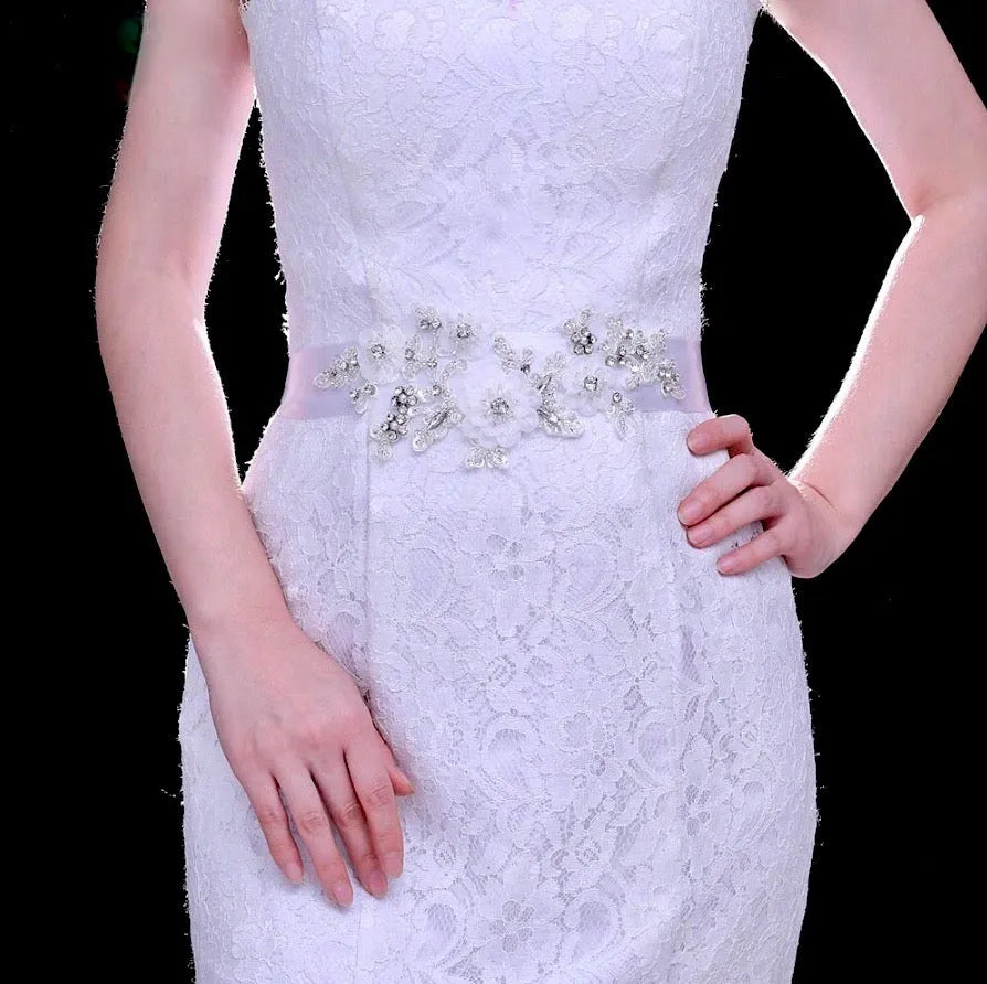 Pearl Bridal Belt Sash with Flowers & Crystals – Wedding Accessory Ivory Ribbon