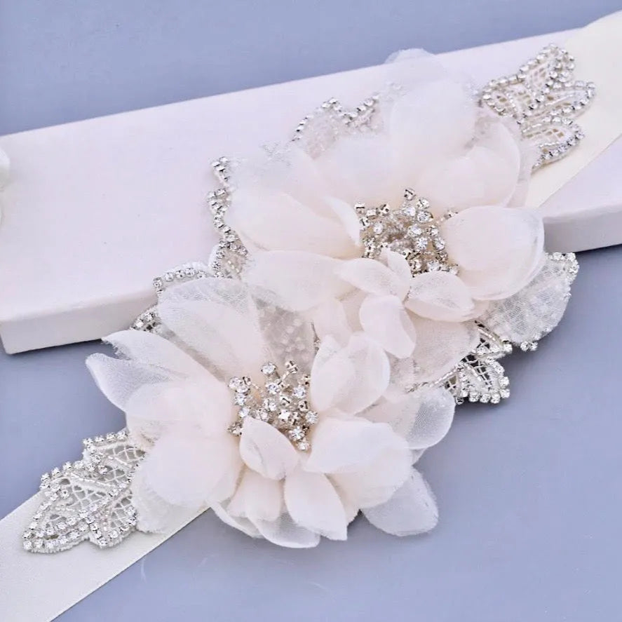 Wedding Accessories - Silk Flowers Crystal Wedding Belt Sash 