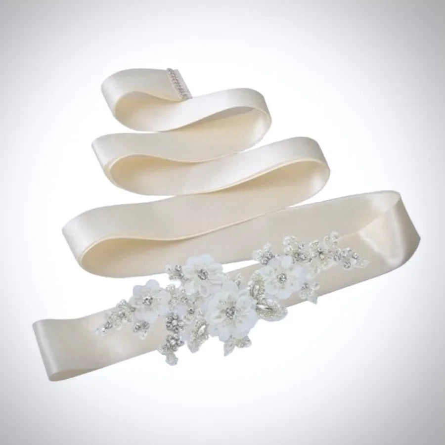 White Satin Floral Crystal Belt - Women\'s Accessory Pearl Bridal Belt Sash with Flowers & Crystals – Wedding  main image 2