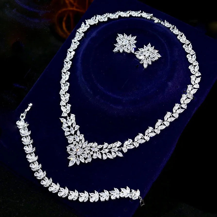 Wedding Jewelry - Silver Cubic Zirconia Bridal Three-Piece Jewelry Set