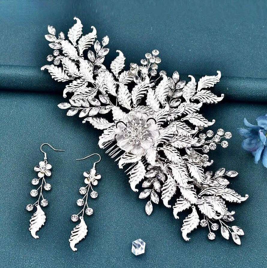 Wedding Headdress - Silver Crystal Bridal Headdress and Earrings Set