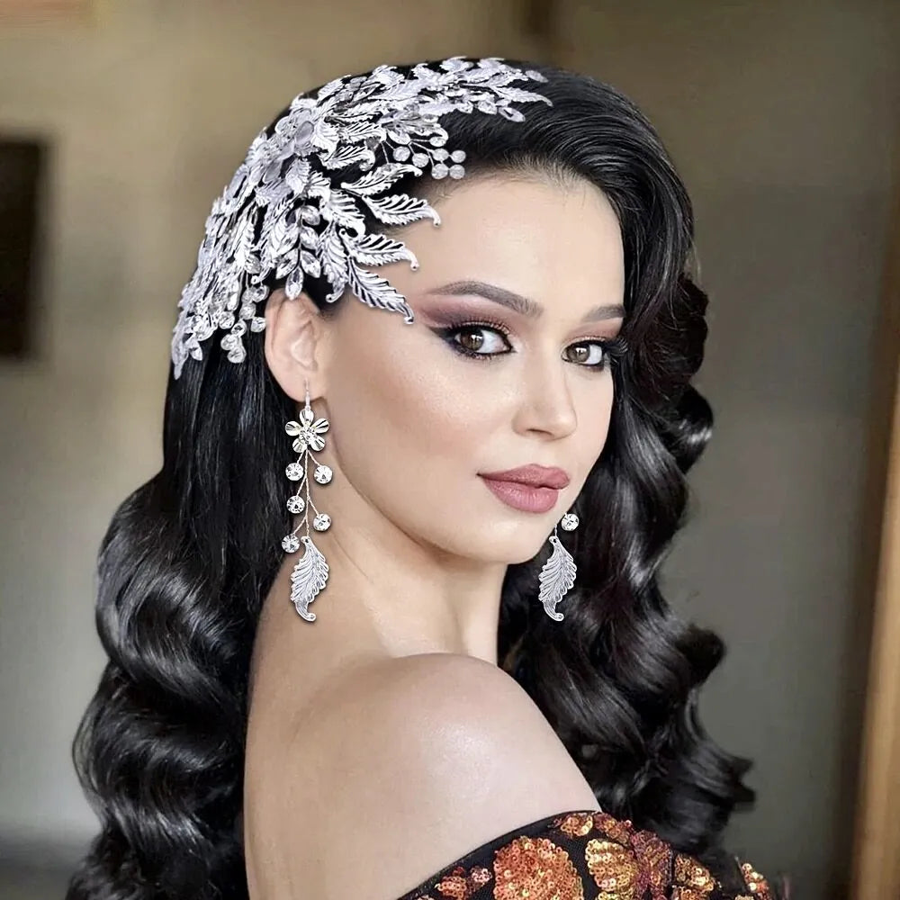 Wedding Headdress - Silver Crystal Bridal Headdress and Earrings Set