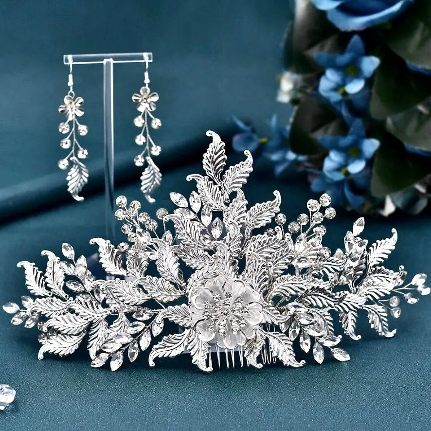 Wedding Headdress - Silver Crystal Bridal Headdress and Earrings Set