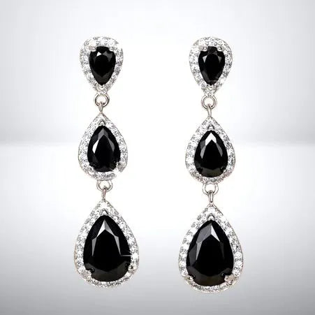 Elegant Silver CZ Bridal Earrings | Blue & Black