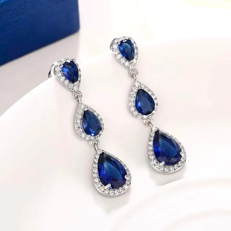 Elegant Silver CZ Bridal Earrings | Blue & Black