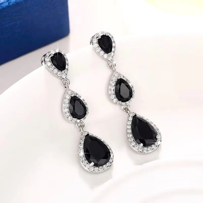 Elegant Silver CZ Bridal Earrings | Blue & Black