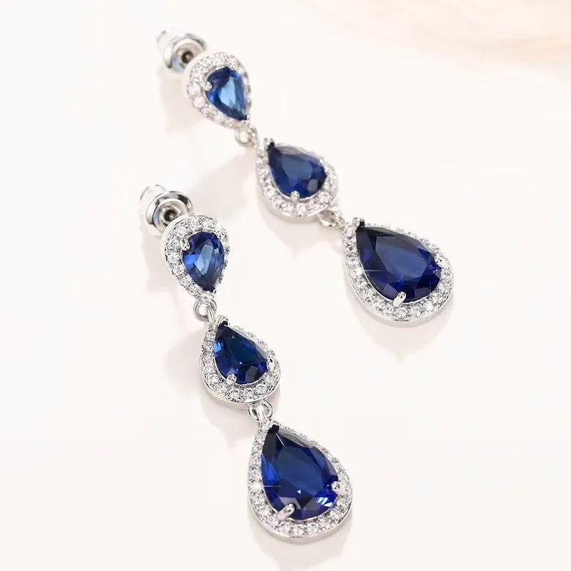 Elegant Silver CZ Bridal Earrings | Blue & Black