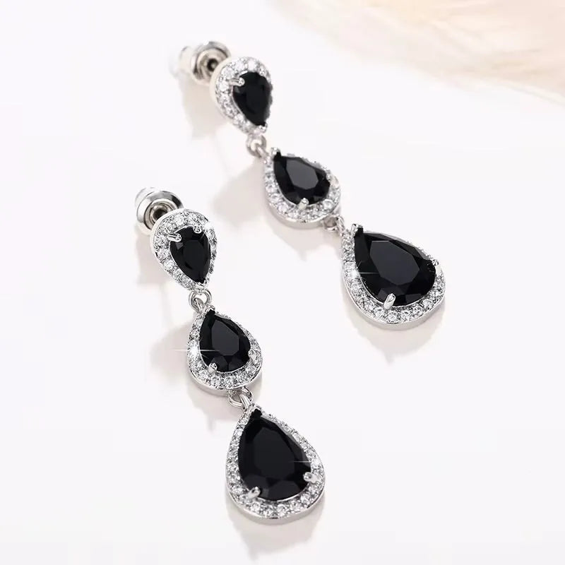 Elegant Silver CZ Bridal Earrings | Blue & Black