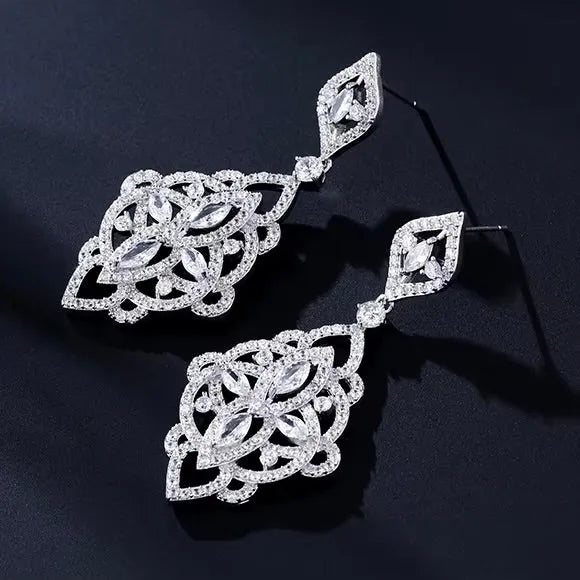 Wedding Jewelry - Silver Cubic Zirconia Bridal Earrings