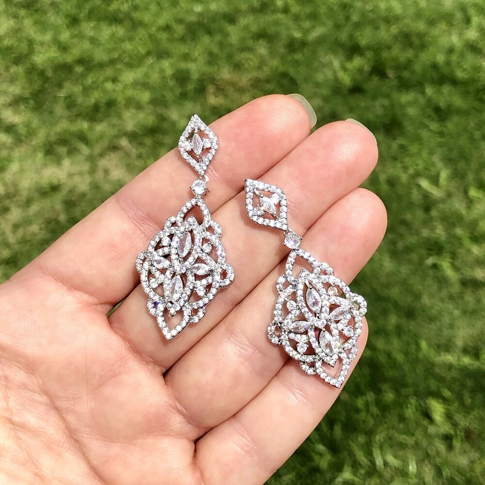 Wedding Jewelry - Silver Cubic Zirconia Bridal Earrings