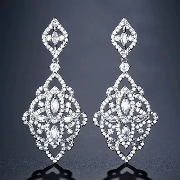 Wedding Jewelry - Silver Cubic Zirconia Bridal Earrings