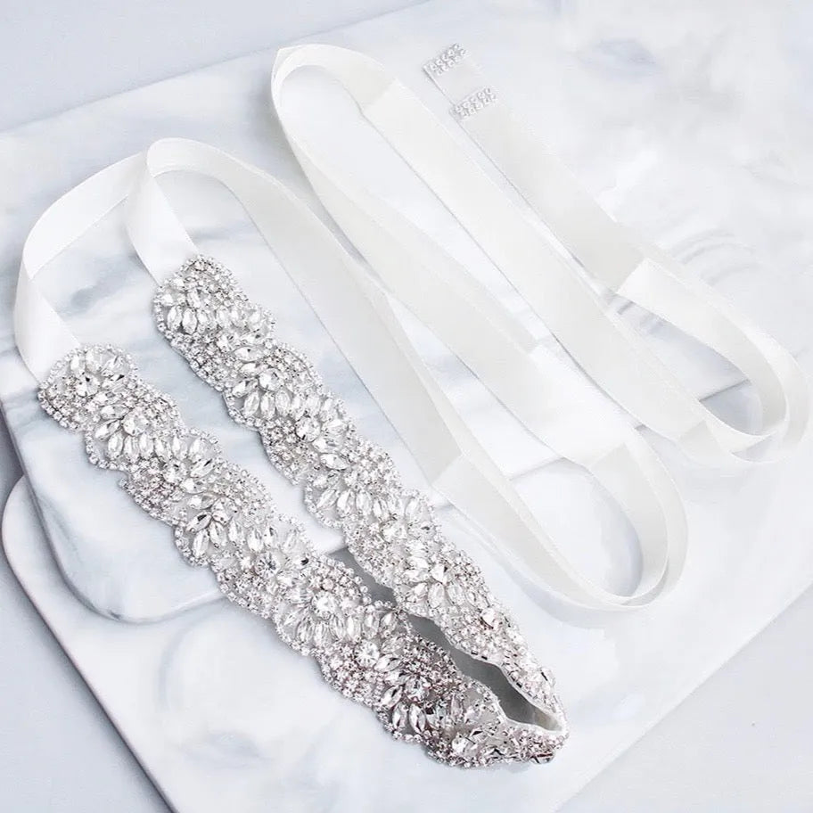 Silver Crystal Bridal Belt Sash – Elegant Wedding Dress  display picture 2