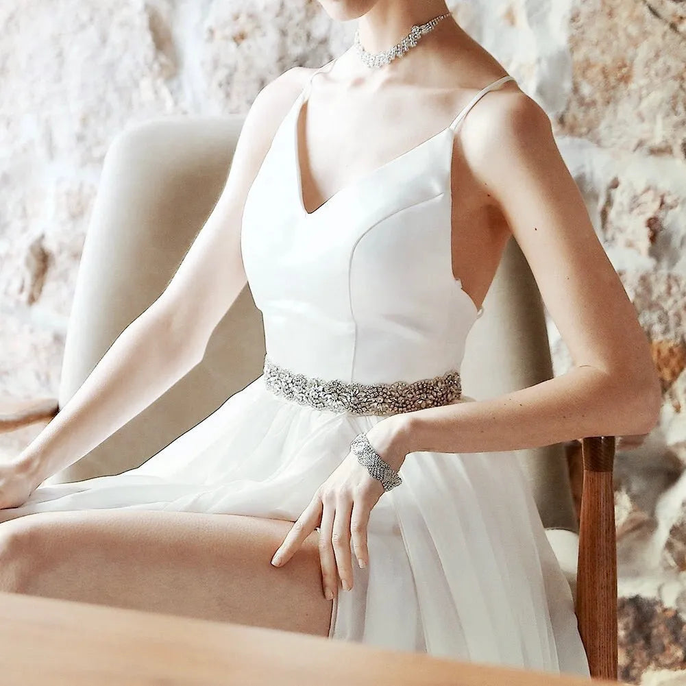 Silver Crystal Bridal Belt Sash – Elegant Wedding Dress Accessory - Main Image