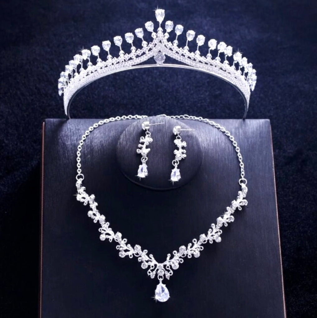 Wedding Jewelry - Silver Cubic Zirconia 3-Piece Bridal Jewelry Set With Tiara