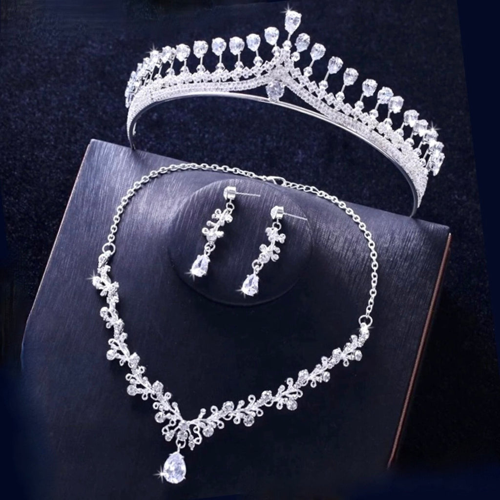 Wedding Jewelry - Silver Cubic Zirconia 3-Piece Bridal Jewelry Set With Tiara