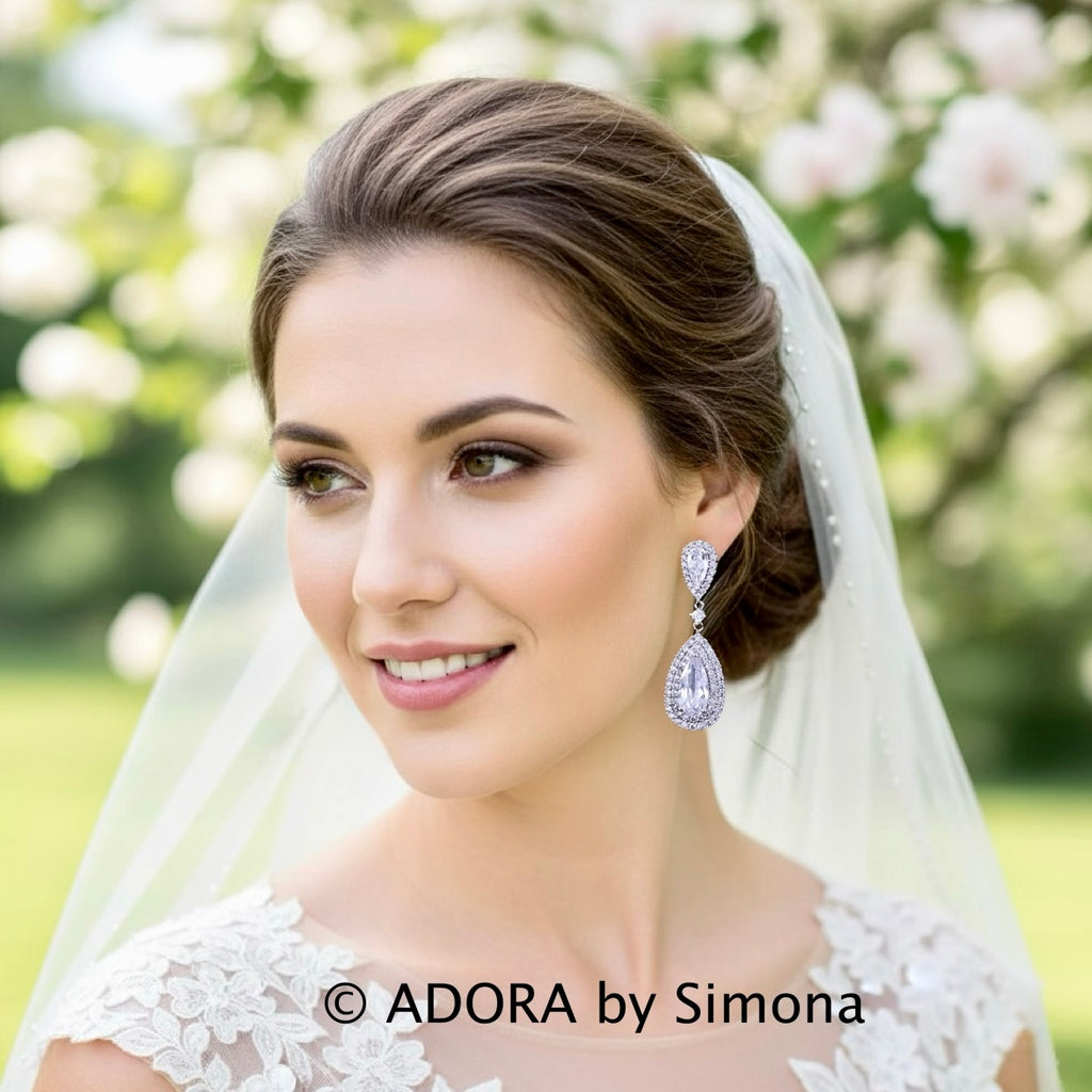 Teardrop Halo CZ Bridal Earrings - Clear, Blue & Red | Wedding Jewelry
