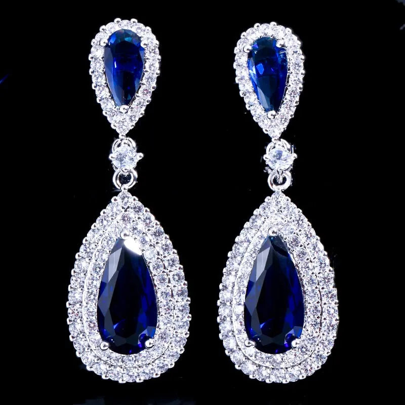 Teardrop Halo CZ Bridal Earrings - Clear, Blue & Red | Wedding Jewelry