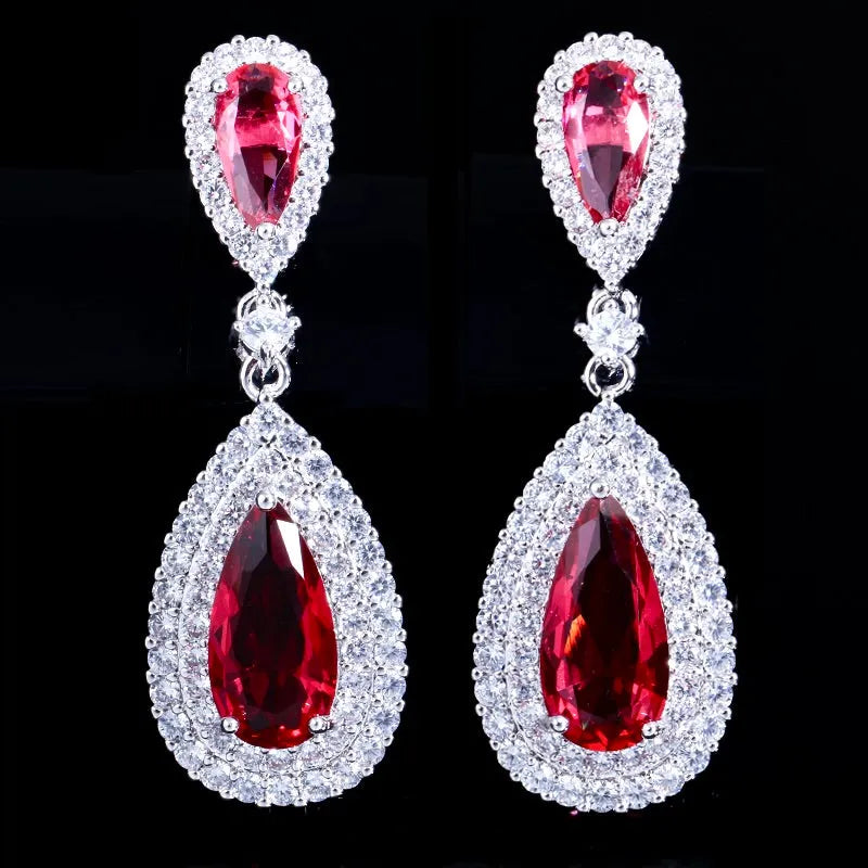 Teardrop Halo CZ Bridal Earrings - Clear, Blue & Red | Wedding Jewelry