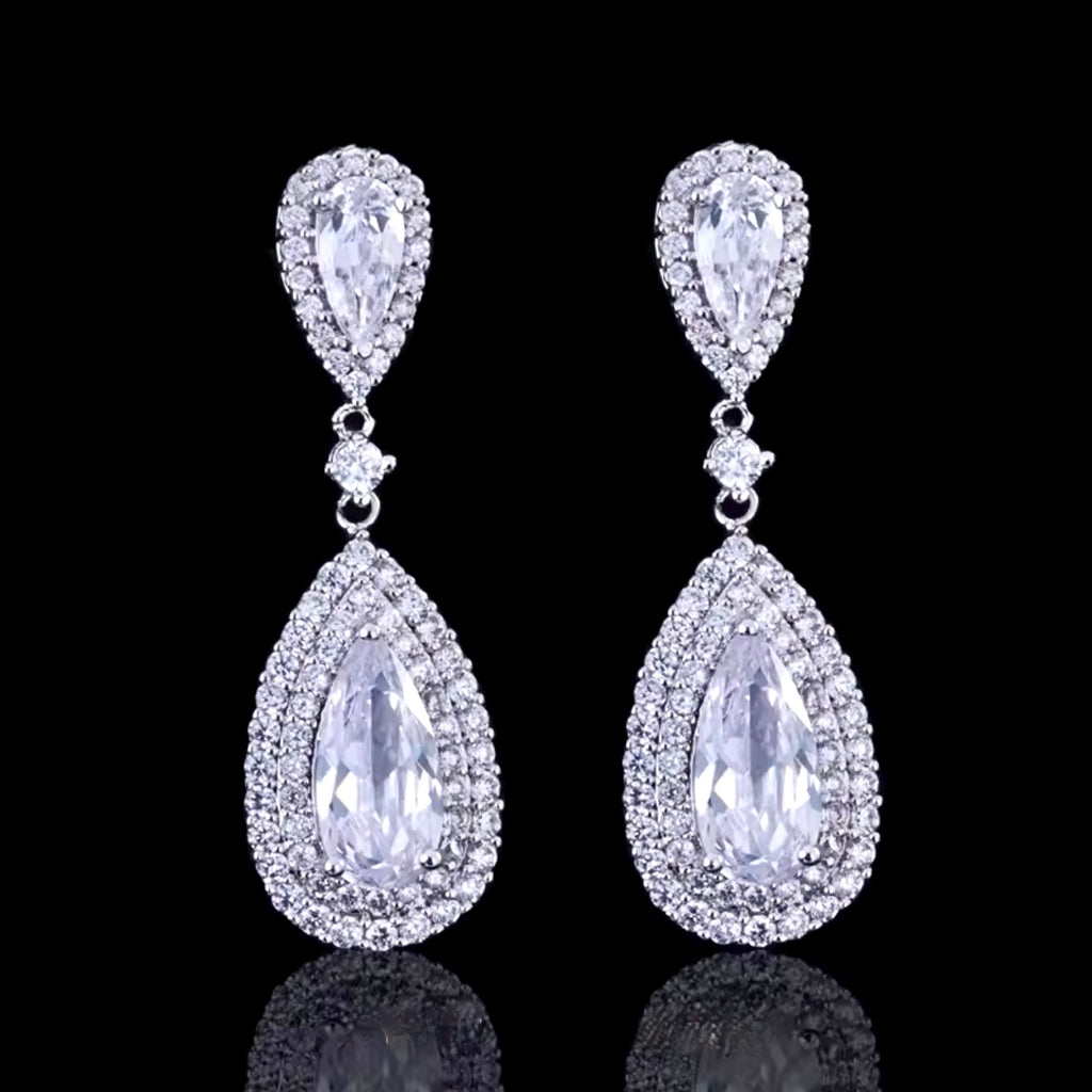 Teardrop Halo CZ Bridal Earrings - Clear, Blue & Red | Wedding Jewelry